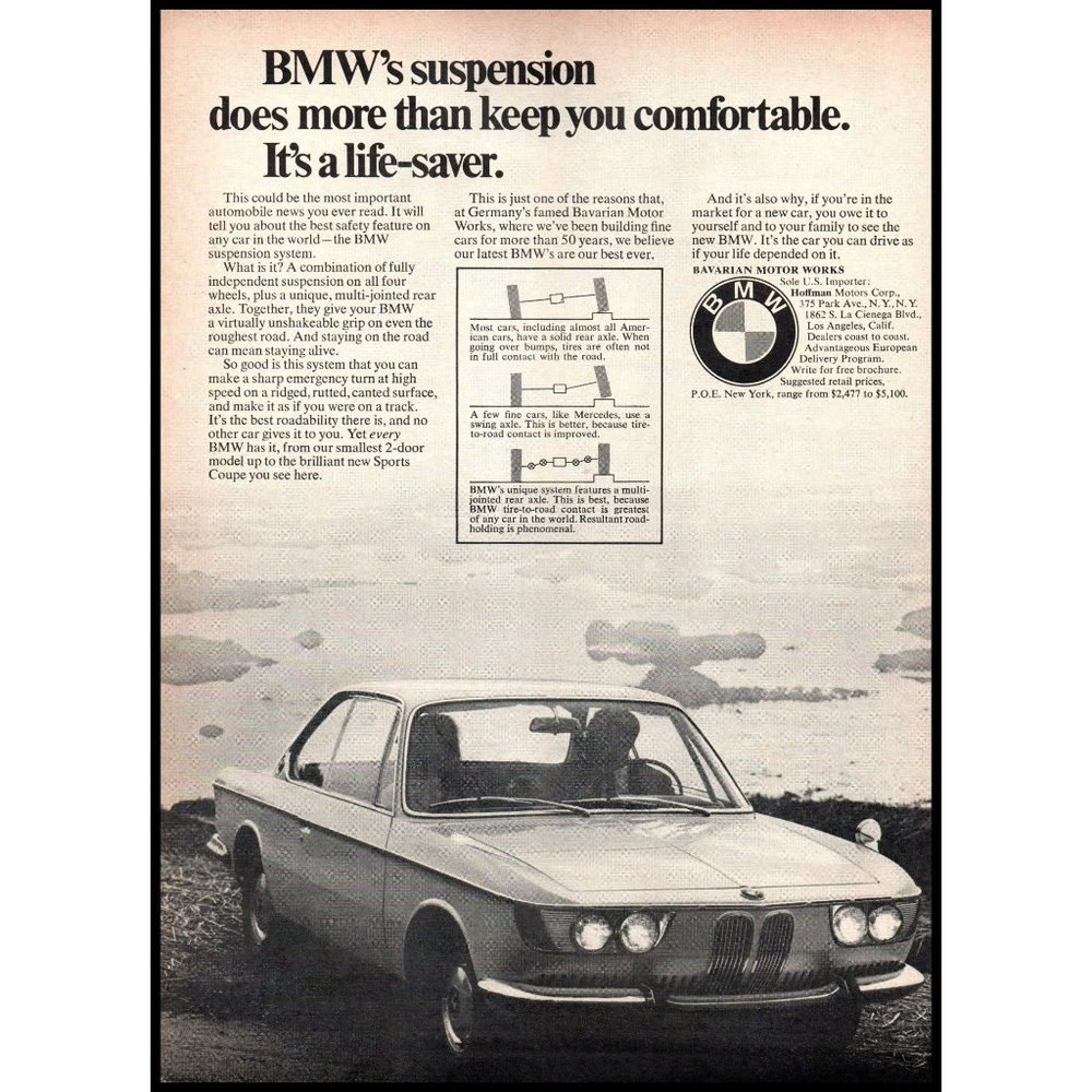 1967 BMW Sports Coupe Classic Car Vintage Print Ad Coast Islands Foggy Wall Art